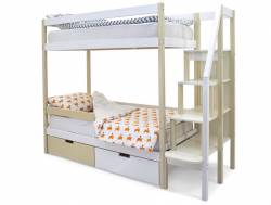 Двухъярусная кровать Svogen с ящиками и бортиком бежево-белый