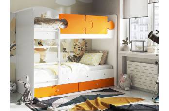 Кровать двухъярусная Тетрис латы с бортиками белый-оранжевый