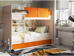 Кровать двухъярусная Тетрис латы с бортиками дуб млечный-оранжевый
