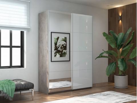 Шкаф-купе Прайм 2-х дверный 1200 Зеркало/Стекло Белое Бетон