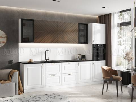 Кухня Престиж 3000 мм Компоновка №1 Браш Вайт/Прайм орех